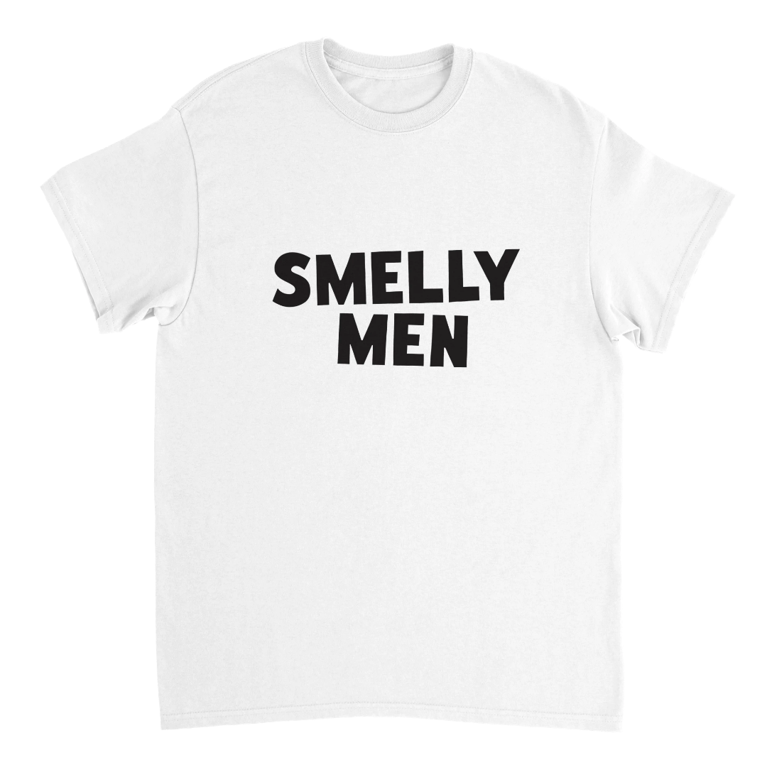 White t-shirt with 'SMELLY MEN' text on a white background