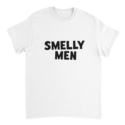 White t-shirt with 'SMELLY MEN' text on a white background