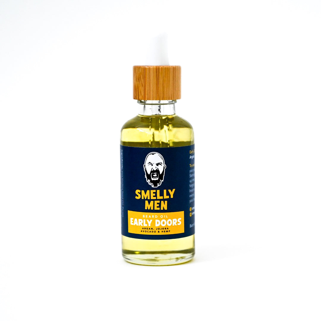 A bottle of Early Doors beard oil on a white background
