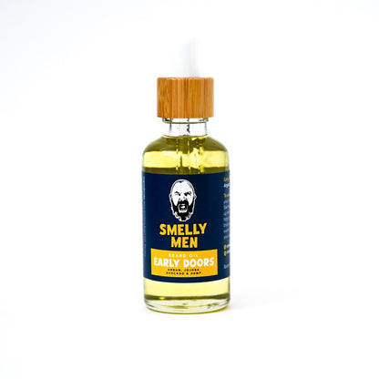 A bottle of Early Doors beard oil on a white background