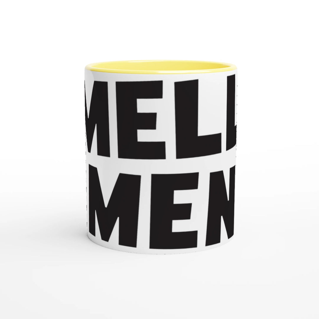 Mug with black text on a white background
