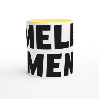 Mug with black text on a white background