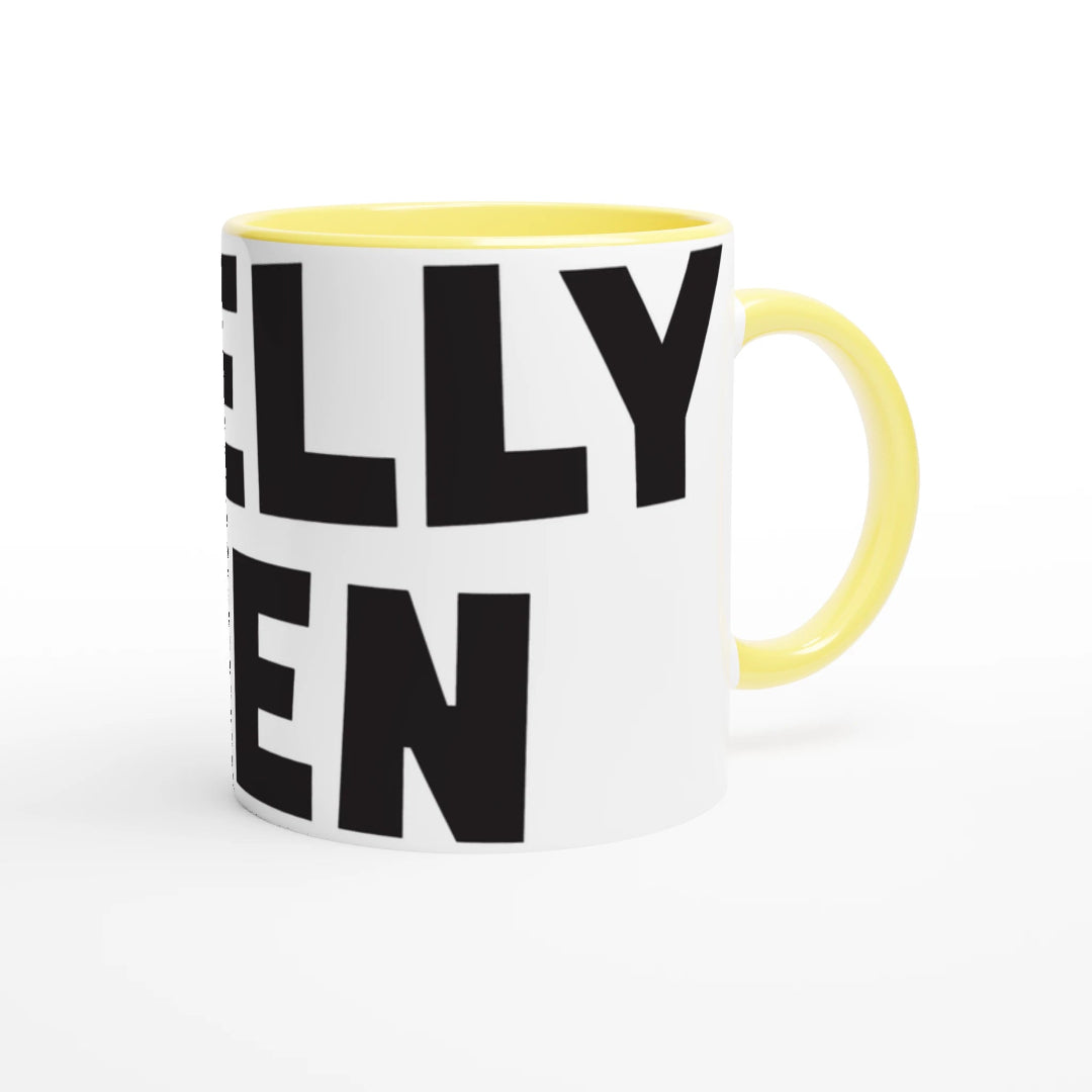 Mug with black text and yellow handle on a white background