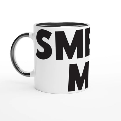White mug with black text on a white background