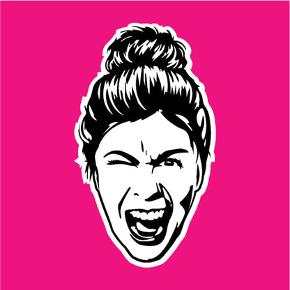 Black and white illustration of a woman's face with a bun on a pink background
