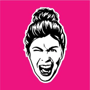 Black and white illustration of a woman's face with a bun on a pink background
