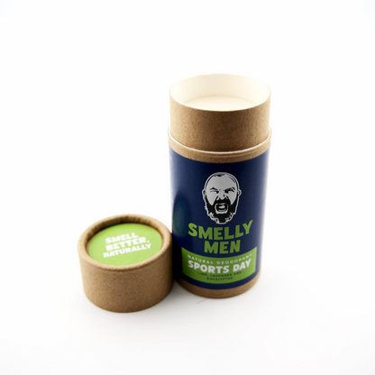 Open deodorant tube labeled 'Smelly Men' with cap next to it on a white background