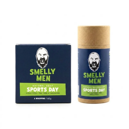 Smelly Men sports day soap and deodorant on a white background