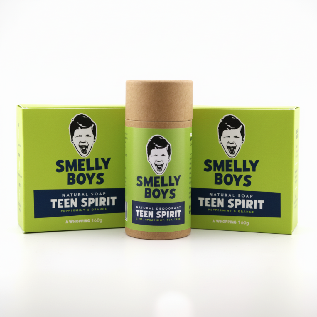 Two cartons of Smelly Boys Teen Spirit soap and a deodorant on a white background