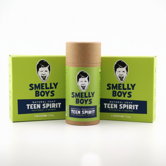 Two cartons of Smelly Boys Teen Spirit soap and a deodorant on a white background