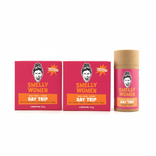 Smelly Women Day Trip natural soaps and a a deodorant tube on a white background