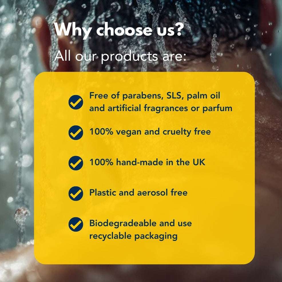 Product feature card with benefits on a blurred background of water droplets.